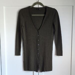 Eileen Fisher 100% Merino Wool Olive Green V-Neck Lightweight Ribbed Cardigan